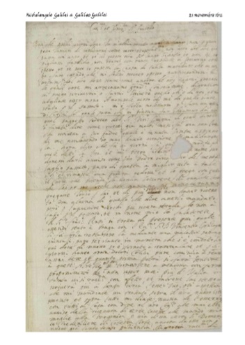 Michelangelo Galilei lettere 1612.11.21 a Galileo Galilei: Car.mo et Onor.do S.r Fratello, Ben che pochi giorni sono io v`abbia scritto assai a lungo,